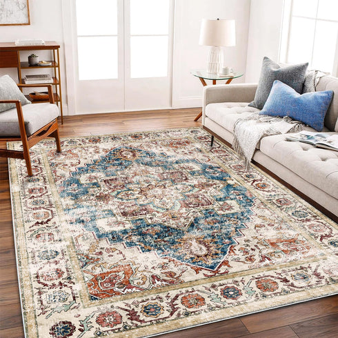 Retro Washable Area Rug 3'x5' for Living Room, Boho Chic Medallion Distressed Design, Indoor Non-Slip Large Oriental
