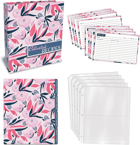 Better Kitchen Products Recipe Binder, 8.5" x 9.5" 3 Ring Binder Organizer Set (with 50 Page Protectors, 100 4" x 6" Recipe Cards & 12 Category Divider Tabs) Floral Design by Better Kitchen Products