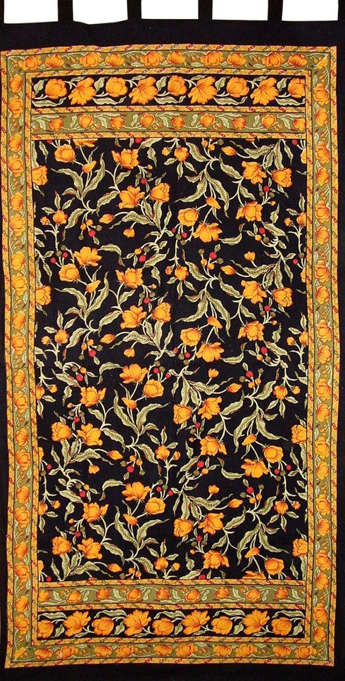 India Arts French Floral Tab Top Curtain Drape Panel, Cotton 44" x 88" Amber Black
