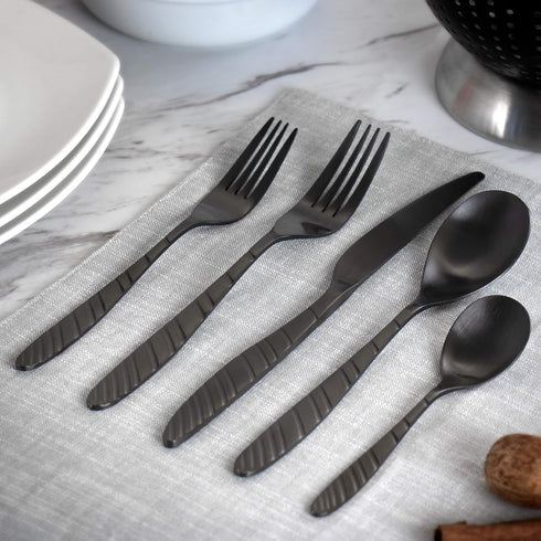 MegaChef La Vague 20 Piece Flatware Utensil Set, Stainless Steel Silverware Metal Service for 4 in Matte Black