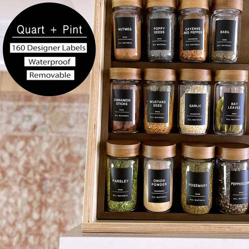 160 Spice Jar Labels, Minimalist Matte Black Stickers for Kitchen & Pantry Organization