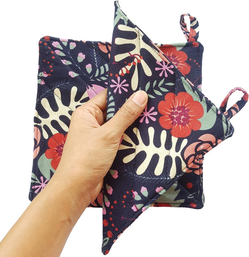 CUSHYSTORE Canvas Pot Holder Oven Pads, Navy Blue Potholders for Cooking Kitchen, 7.75", 2 Pack (Exotic Flower)