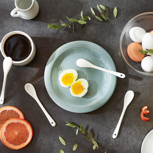 RSVP International Poached Egg Spoon, 4 Piece Set for Jam, Honey or Soft Boiled Eggs, 5.5" Length, White Porcelain