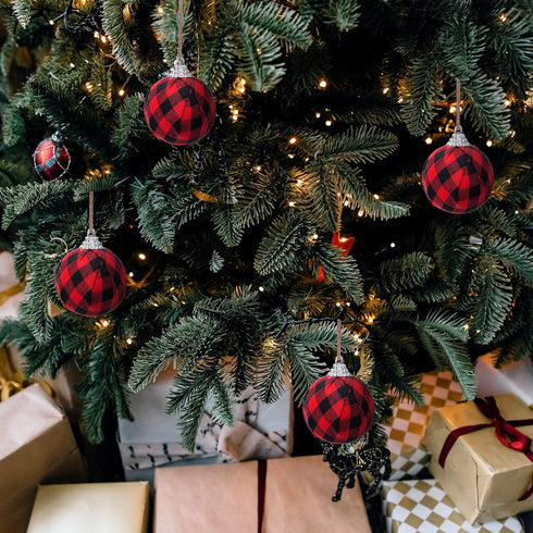 Deloky 16Pcs Buffalo Plaid Fabric Ball - 2.16 Inch Small Christmas Fabric Wrapped Balls for Tree Decoration