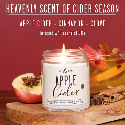 Apple Cider Candle, Fall Candles I Apple Cider, Cinnamon & Nutmeg - Infused with Essential Oils I Mulled Cider Fall Scented Candle (Soy) for Home I 9oz Reusable Jar I 50Hr Burn I Made in USA