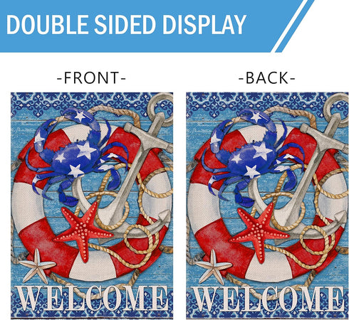 Welcome Summer Nautical Crab Garden Flag, Coastal Beach Anchor Lifebuoy Outdoor Decoration, Double Sided