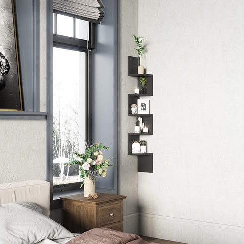GREENDEW 5-Tier BLACK Floating Corner Shelf by - Stylish Wood Display for Home & Office
