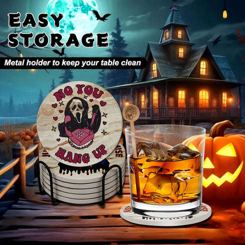 mivishhy Drinks,6 Set Scary Halloween Decor for Kitchen and Home,Spooky Character Stone Cork Coasters for Coffee Table