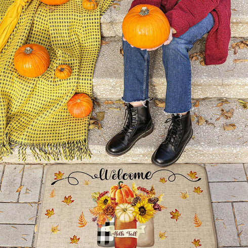 Winter Fall Door Mat | Non Slip Farmhouse Welcome Mats for Outdoor Indoor, Snowflake Pumpkin Floor Door Mat, 27.6x15.7