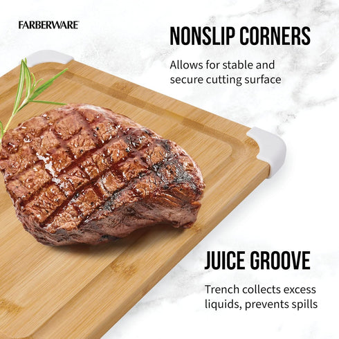 Farberware Nonslip Bamboo Cutting Board, 11x14 Inch with Juice Groove, White