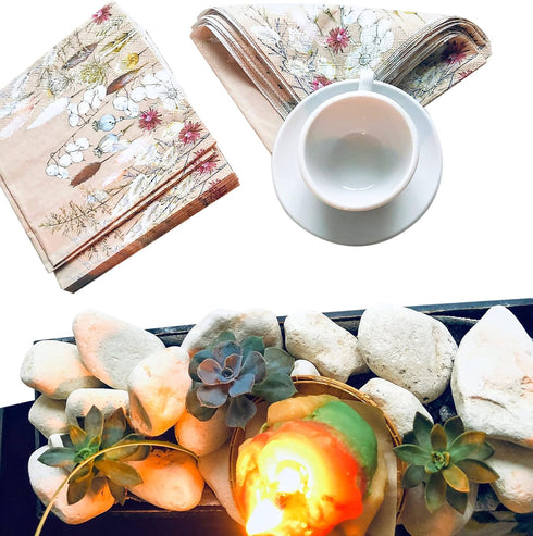20 Counts 6.5 x 6.5 inches 3-Ply Tan Floral Decorative Napkins for Decoupage, Eco-Friendly & Biodegradable Nature