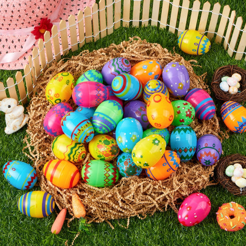 24PCS 2.3" JOYIN Printed Empty Colorful Plastic Eggs Fillable, Bright Plastic Eggs Bulks for Festival Hunt, Filling