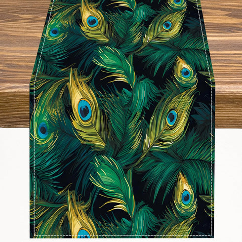 Peacock Table Runner Green Feathers Pattern Table Runner Table Cloth Decoration Dresser