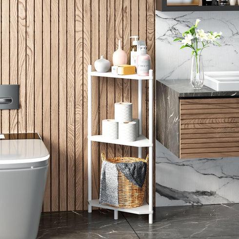 Wisuce Essentials 3 (White3 Corner Shelf Stand - Tier Bamboo Small Corner Bookshelf for Office Kitchen Bedroom Plant
