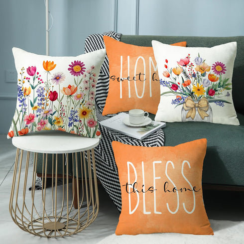Set of 4 Spring Summer 18x18 Throw Pillow Covers, Floral Farmhouse Cushion Cases for Outdoor Home Decor Sofa Couch