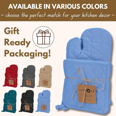 Native Fab 4-Piece Kitchen Pot Holders and Oven Mitts Set - Heat Resistant, Non-Slip, 100% Cotton - Blue