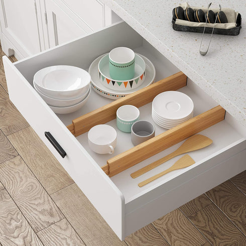 BAMEOS Expandable Bamboo Drawer Divider 4-Pack | Adjustable Utensil Knife Fork Tool Organizer for Kitchen, Bathroom,