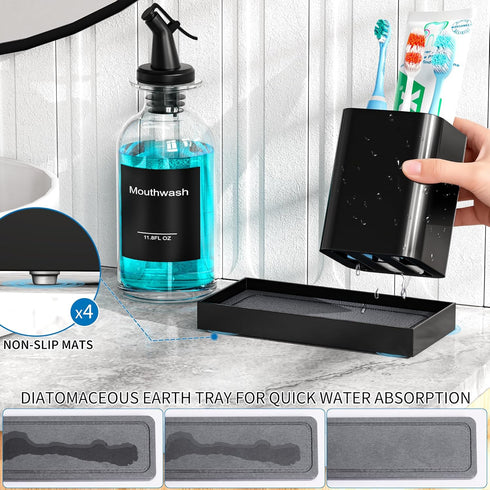 Set 11.8OZ Nozzle Bathroom Glass Mouthwash Dispenser with Cup,Black Toothbrush Holder Stainless Steel with Clear Mouth