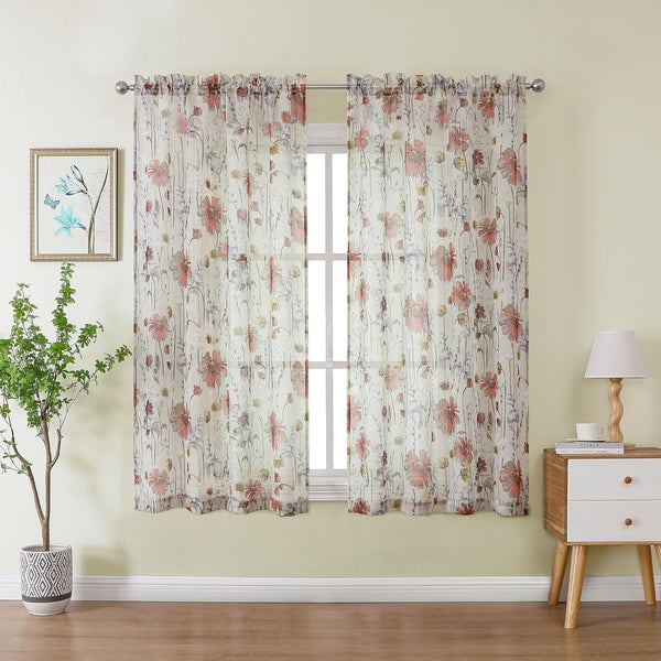 OWENIE Printed Sheer Curtains 54 Inches Long for Kitchen, Set of 2 Panels, Floral Light Filtering Short Curtains