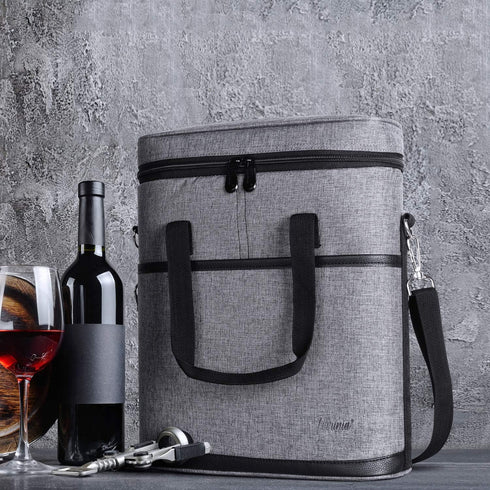 Tirrinia Insulated Wine Gift Carrier - 3 Bottle Travel Cooler Tote Bag with Handle, Grey