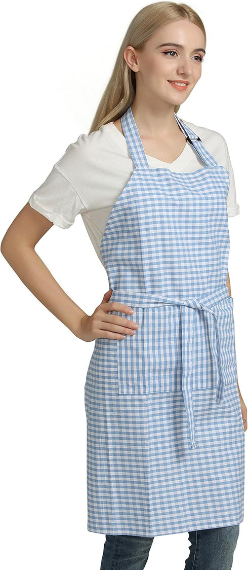Vintage Gingham Chef Bib Canvas Kitchen Aprons, Large Size, 100% Pure Cotton, Adjustable Neck Strap, Pockets (Blue)