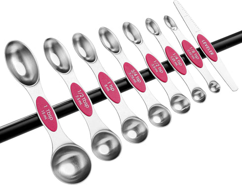 Spring Chef Pink Stainless Steel Magnetic Measuring Spoons Set of 8 with Leveler for Baking and Cooking Ingredients