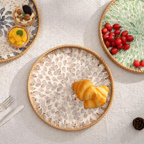 Counter, StorageWorks Decorative Coffee Table Trays for Home Decor, Round Rattan Tray with Mother of Pearl Inlay, Small