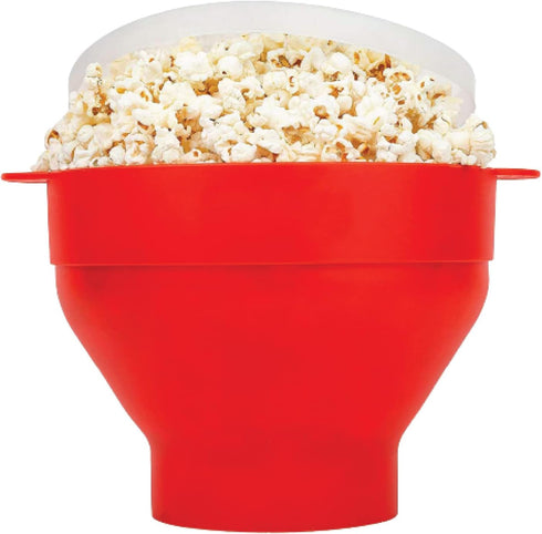 Microwave Popcorn Popper with Lids, Silicone, No Oil or Butter Required, Collapsible Bowls, BPA-Free Container, Red