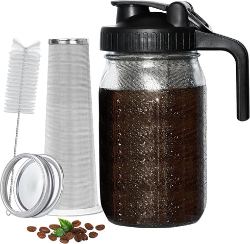 Cold Brew Coffee Maker Pitcher, 32oz Thick Glass Mason Jar with Spout Lid, Stainless Steel Filter for Iced Brew Coffee