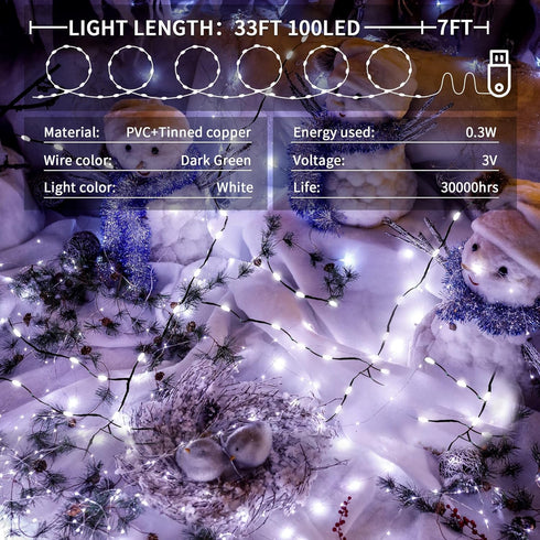 ziloes 33 100 8 Fairy Lights FT LED USB Twinkle String Lights Plug in Lights with Remote and Timer Modes Waterproof