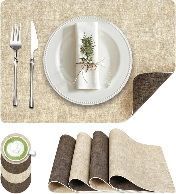 Fyvva Placemats Set of 4, Faux Leather Heat Resistant Wipeable Placemats, Dual