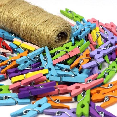 Mini Natural Wooden Clothespins with Jute Twine, 250pcs, 1 Inch Photo Paper Peg Pin Craft Clips with 66ft Natural Twine