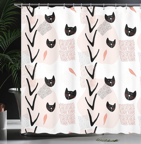 Ambesonne Modern Shower Curtain, Cat Faces Dotted Whiskers Kittens Theme, 69" W x 70" L, Dark Coral Black Peach
