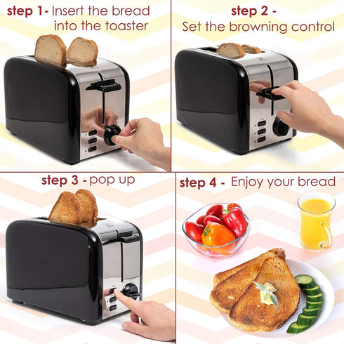 Moss & Stone 2 Slice Toaster with 1.5in Extra-Wide Slot, 5 Shade Settings, Removable Crumb Tray, Black