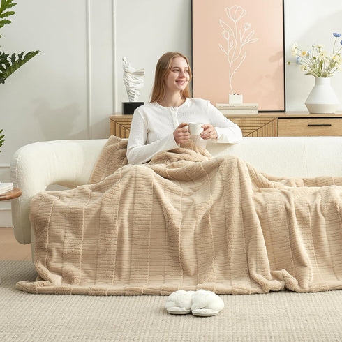 Amlie Cozy 60"x80", Home Luxury Striped Faux Fur Throw Blanket for Couch, Soft Fuzzy Fluffy Soft Plush Blankets Sofa