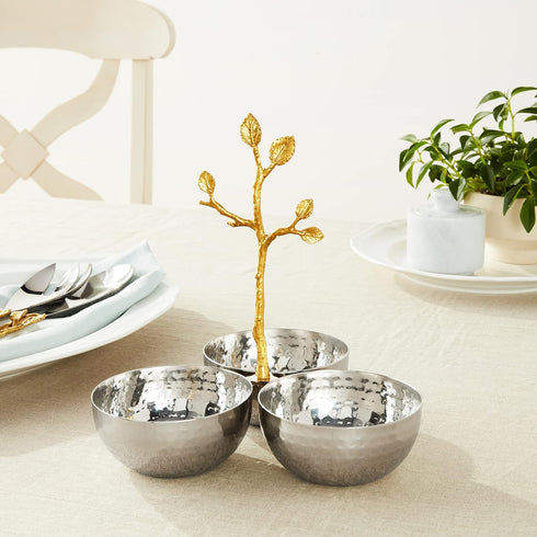 Golden Vine Hammered Triple Bowl, Silver/Gold