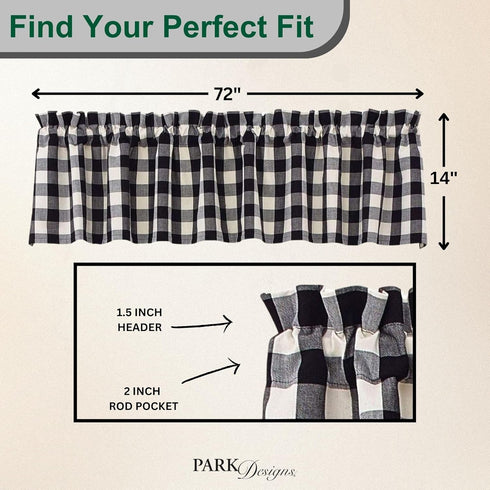 Park Designs Farmhouse Kitchen Valances, Black & Cream Buffalo Check, 72" x 14"
