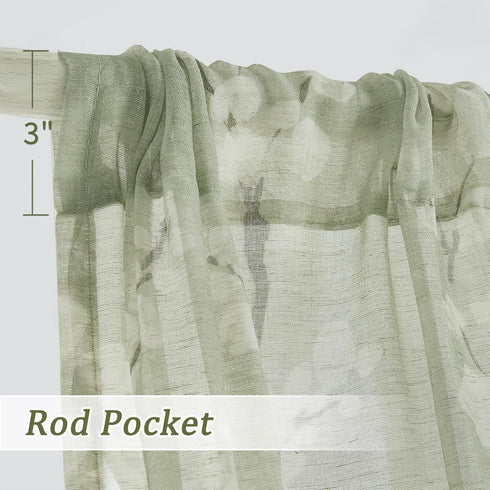 FMFUNCTEX Linen Sheer Curtains for Bedroom - Sage Green Blossom Print, 84 Inches Long, Floral Patterned Farmhouse