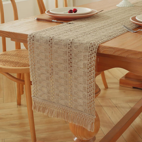 90 Inches Niviy Burlap Boho Table Runner for Home Decor with Tassels Long, Modern Farmhouse Decor Rustic Macrame Woven
