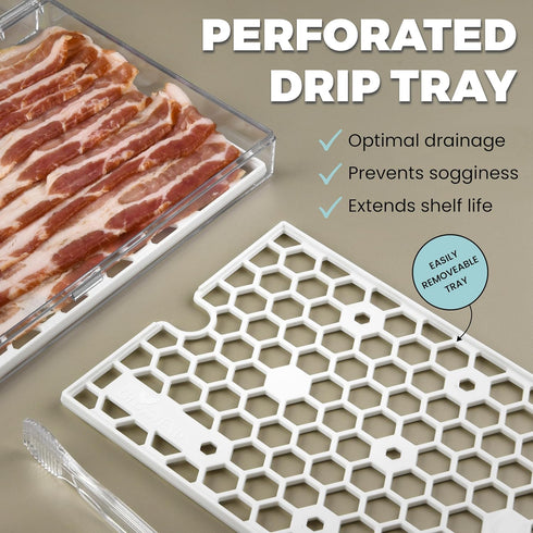 Bacon Keeper Storage Container with Tong, Deli Meat Storage Container with Perforated Tray for Freshness, Clear Durable