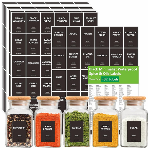 432 Removable Spice Labels, 396 Pre-Printed Herb Seed Seasoning Sauce Oil Vinegar