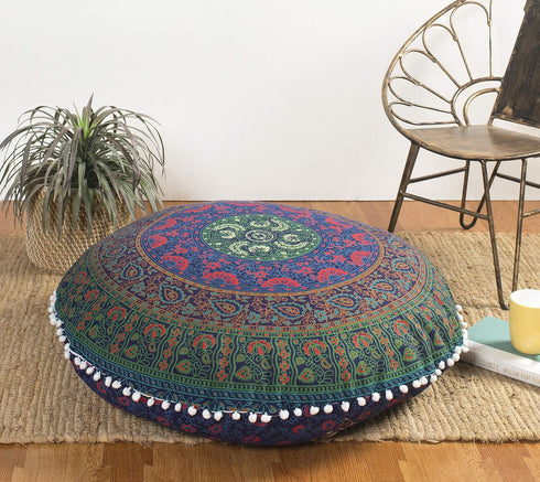 32" Popular Handicrafts Floor Pillow Cushion Cover - Large Round Hippie Printed Pouf Shams- Meditation Seating Ottoman