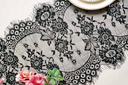 Letjolt Black Lace Table Runner - 14 x 120 Inches Embroidered Doilies for Vintage Boho Wedding & Party Supplies