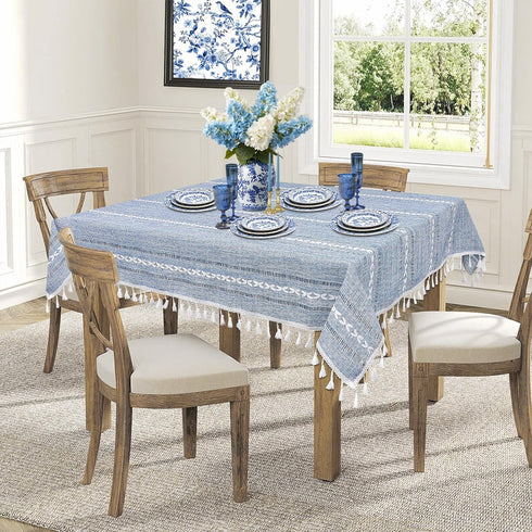 36''x36'', Summer Small Blue Square Tablecloth Spring Dusty Blue and White Linen Coffee Table Cover, Boho Nightstand