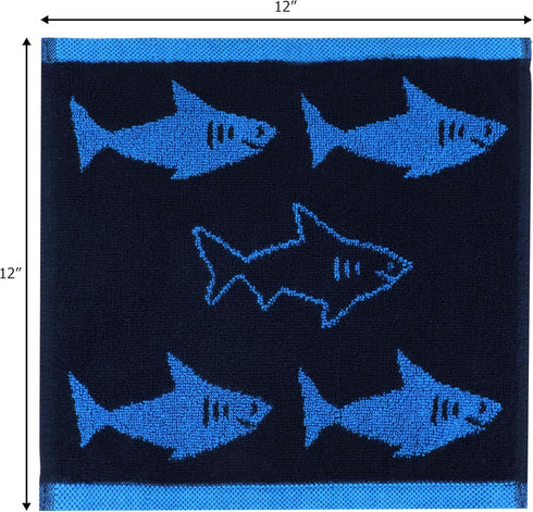 ORIGINAL KIDS Set 12 100% 12 12 Wash Cloth - Bath Time Shark Attack of Washcloths - Cotton Jacquard Super Soft Colorful