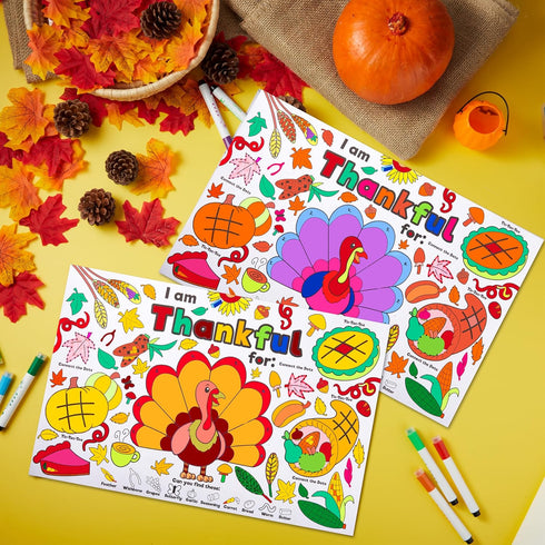 24 JOYIN Pcs Thanksgiving Coloring Placemats, Thanksgiving Turkey Coloring Paper Table Mats, Make Your Own Art & Craft