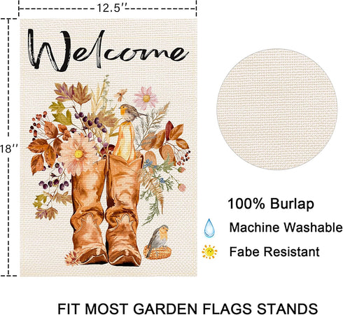 Welcome Boots Garden Flag, Vertical Double Sided Flower Bird Autumn Fall Decor 12.5 x 18 Inches