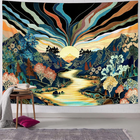 Dermijer Blacklight Forest Mountain Tapestry UV Reactive Retro Landscape Wall Art Tapestry for Home Decor W59.1×H51.2
