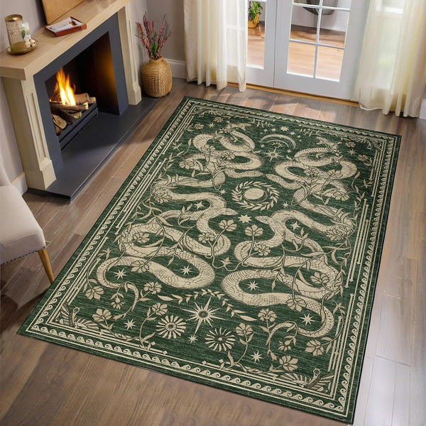 Snake 3x5 Area Rug Washable Non-Slip Forest Green Gothic Witchy Fantasy Small