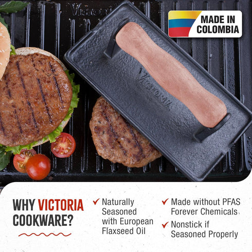 100% GAD-025 Victoria Cast Iron Panini Press, Burger Press, Bacon Press, Grill Press, Seasoned with Kosher Certified